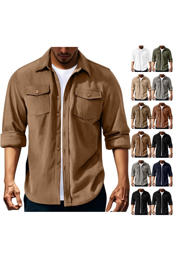 Button Up Shirt Men,Workwear Long - sleeve Windproof Corduroy Shirts Brown L