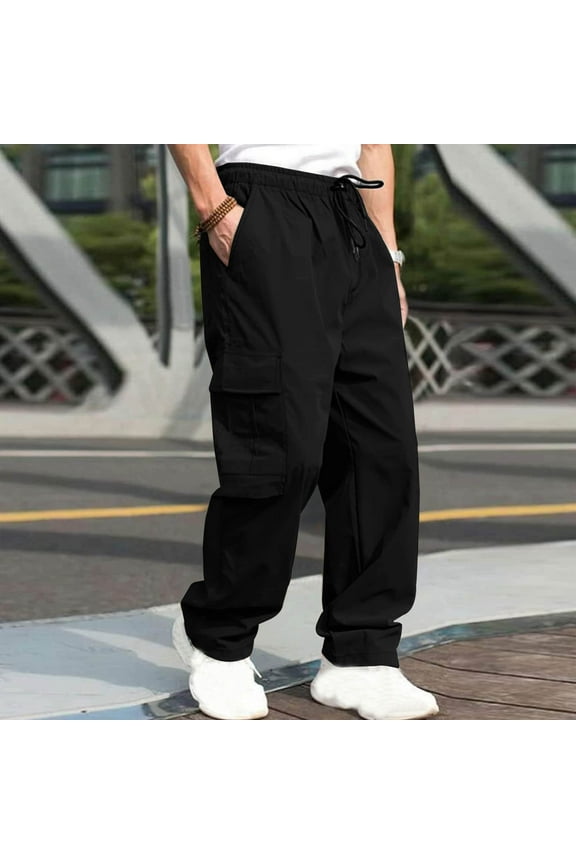 Cargo Pants for Men, Elastic Waist Multi Pockets Straight Type Cargo Pants Trousers Black Size L/(32.28'')