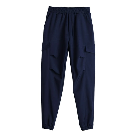 Afuyipoi Cargo Pants for Men, Multiple Pockets Casual Cuffed Full - Length Elastic Waist with Drawstring Cargo Jogger Navy XL