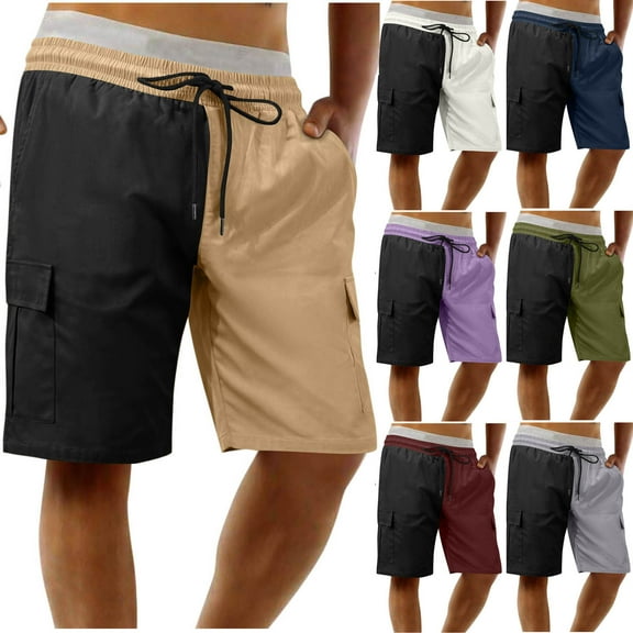 Afuyipoi Cargo Shorts for Men, Color Block Workwear Casual Shorts with Multiple Pockets Khaki L