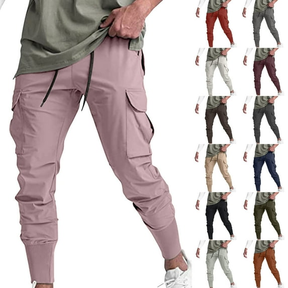 Afuyipoi Cargo Workwear Pants Men,Quick Dry Drawstring with Pocket Slim Fit Pants Pink S/30