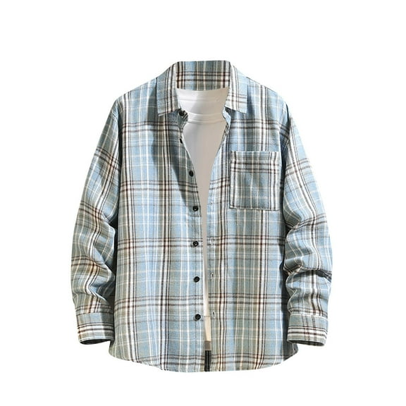 Afuyipoi Casual Button-Up Shirt for Men,Lightweight Long Sleeved Vintage Men's Checkered Collared Top Shirt Blue L