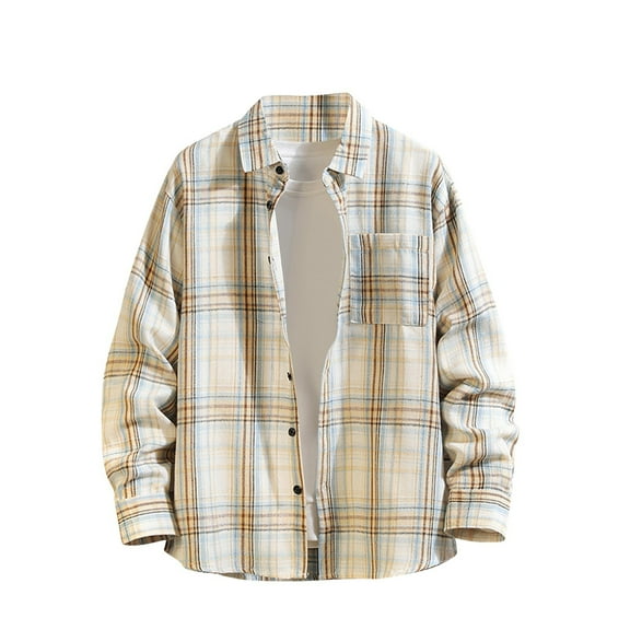 Afuyipoi Casual Button-Up Shirt for Men,Vintage Lightweight Long Sleeved Men's Checkered Collared Top Shirt Yellow M