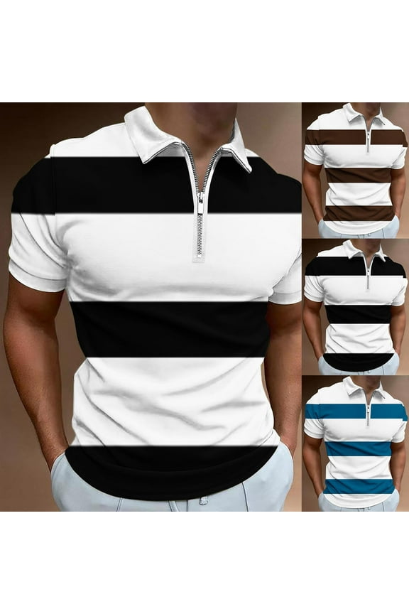 Casual T-Shirts Men,Zipper T-Shirt Turn Down Collar Short Sleeve Athleisure Tees Blue 2XL