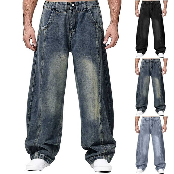 Afuyipoi Denim Jeans for Men, Wide Leg Loose Stylish Long Pants with Pockets Blue Size 3XL