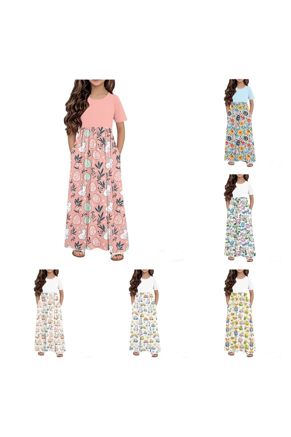 Easter Girls' Dress, Long Skirt Double Pocket Short Sleeve Casual Wear Pink 11-12