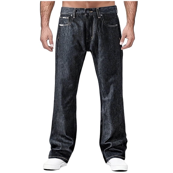 Afuyipoi Flare Denim Pants, Button-Zip Casual Stright Type Jeans with Pockets Black Size 4XL