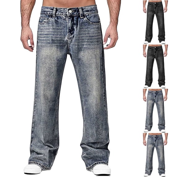 Afuyipoi Flare Denim Pants, Button-Zip Casual Stright Type Jeans with Pockets Blue Size 4XL