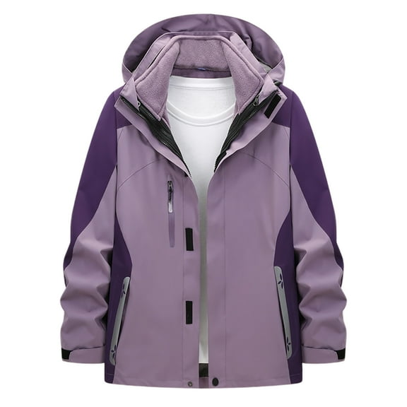 Afuyipoi Fleece Jacket Women,Zip-up Patchwork Color Block Hooded Casual Jacket Purple 2XL