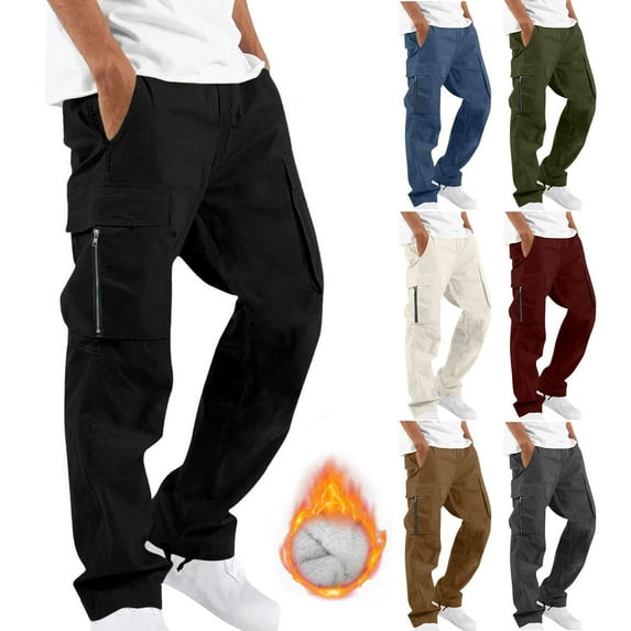 Afuyipoi Fleece Lined Cargo Pants for Men, Stright Leg Cargo Pants with Multi-Pockets Fall Winter Outdoor Workwear Coffee 2XL