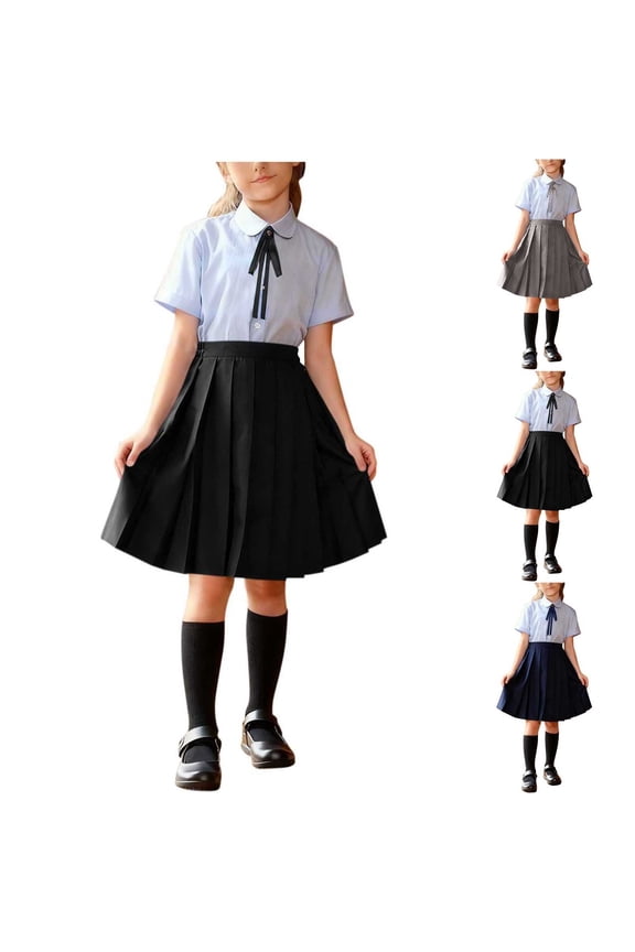 Gilrs Tops ( For 3-17), Elastic Waist Half Skirt With Necktie Short Sleeve Solid Color 3 Piece Set College-Style Outfit Navy 5-6 Years