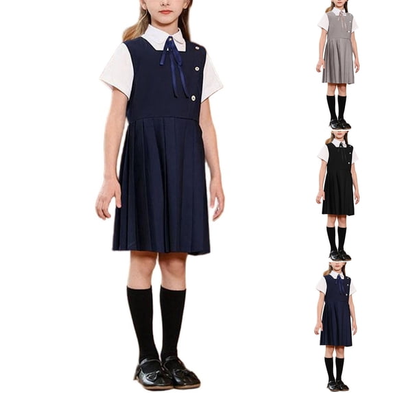 Afuyipoi Girls School Uniform Outfits ( For 3-15) Top Sleeveless Dress with Neck Tie ShortSleeve Solid Color Back-to-School Sets Gray Size 12