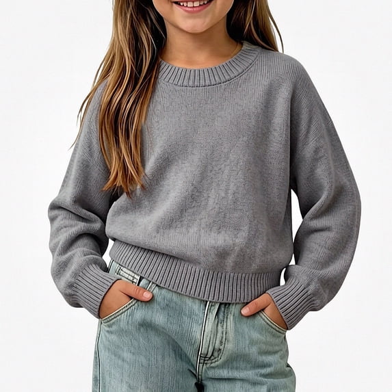 Afuyipoi Girls 100% Cotton Soft Pullover Sweater Crew Neck Long Sleeve Knit Top for Kids Size 0-9Y Comfort Daily Wear Dark Gray Size 6M