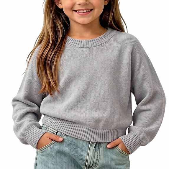 Afuyipoi Girls 100% Cotton Soft Pullover Sweater Crew Neck Long Sleeve Knit Top for Kids Size 0-9Y Comfort Daily Wear Gray Size 2T