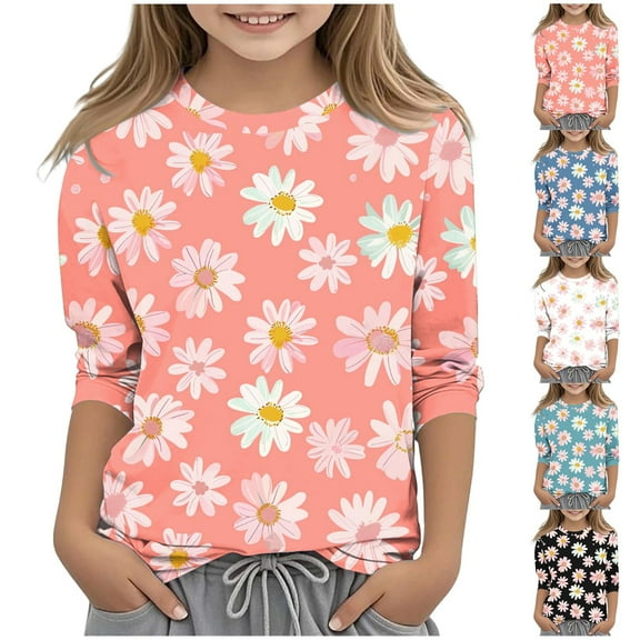 Afuyipoi Girls 3/4 Sleeve Tops, Cute Graphic Print T-shirts Casual Spring Fall Round Neck Pullover Blue 9 Years