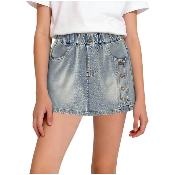 Afuyipoi Girls A-Line Skort Denim,Breathable Pocket Elastic Waist Skort Jeans Casual Blue 9-10
