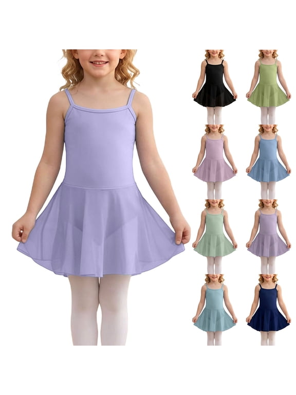 Girls' Ballet Dance Dress(For 3-15), Stretch Moisture-Wicking Breathable Lightweight Ballet Leotard Dress Purple 5-6Years