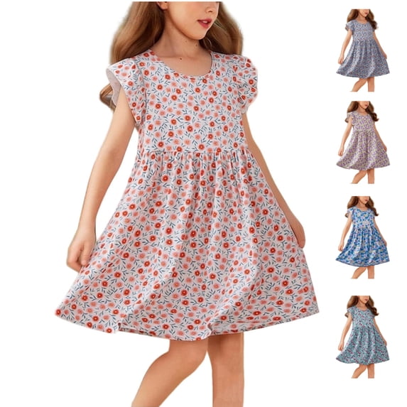 Afuyipoi Girls Bohemian Floral Print Dress (2-15 Years) Summer Short Flutter Sleeve Round Neck Lightweight Casual Skirt for Travel Blue 7/8