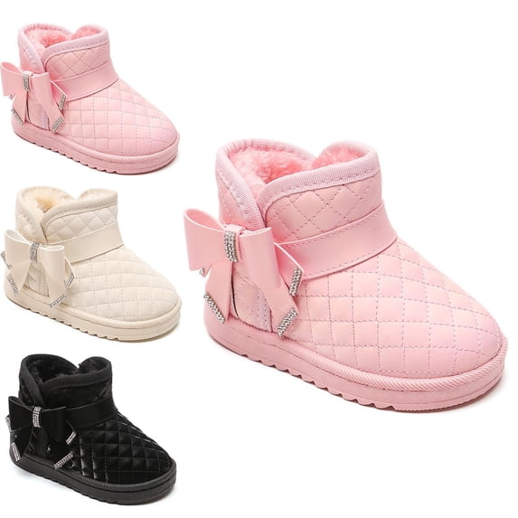 Afuyipoi Girls' Bowknot Decor Faux Leather Snow Boots Waterproof Non-Slip Fleece Lined Winter Boots Size 6 Toddler - 3 Big Kid White Size 8.5 Toddler
