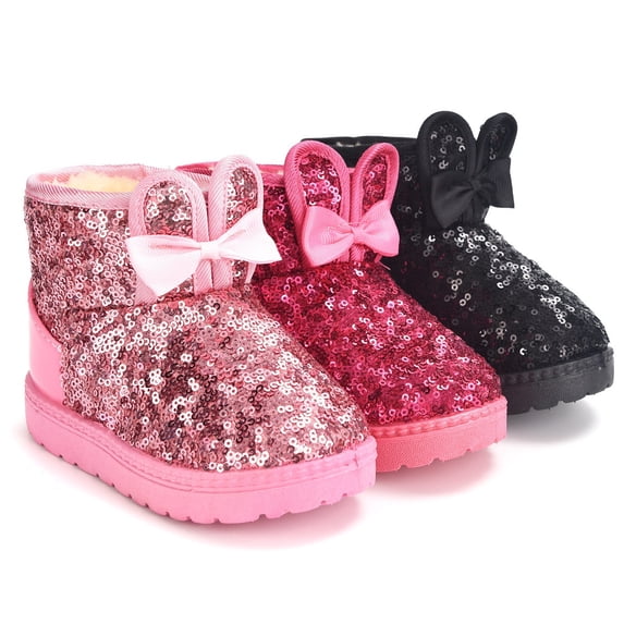 Afuyipoi Girls' Bunny Ears Glitter Snow Boots PVC Warm Fleece Lined Casual Short Boots Size 6 Toddler - 3.5 Big Kid Hot Pink Size 13 Little Kids