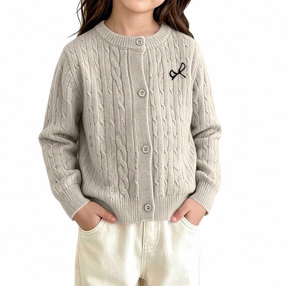 Afuyipoi Girls Cable Knit 100% Cotton Button Front Cardigan Sweater with Bow Embroidery for Kids Size 2-10Y Spring Wear Beige Size 3T