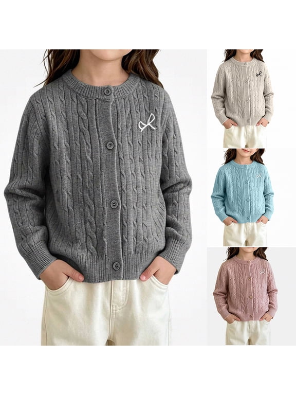 Girls Cable Knit 100% Cotton Button Front Cardigan Sweater with Bow Embroidery for Kids Size 2-10Y Spring Wear Gray Size 3T