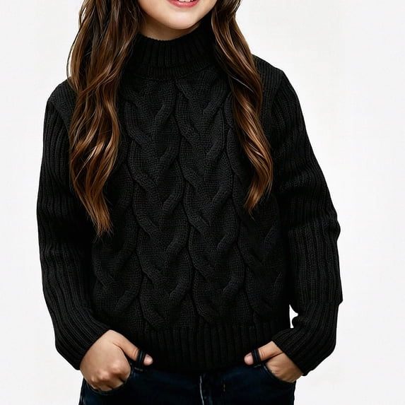 Afuyipoi Girls Cable Knit Mock Neck Pullover Sweater for Kids Size 1-10Y Fall Winter Everyday Wear Black Size 7