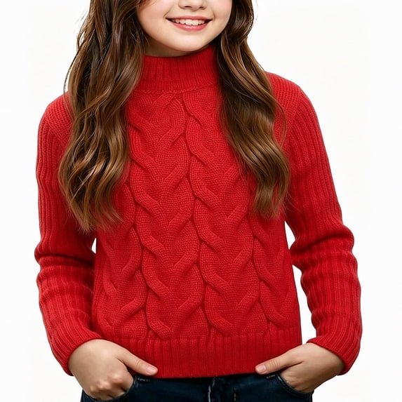 Afuyipoi Girls Cable Knit Mock Neck Pullover Sweater for Kids Size 1-10Y Fall Winter Everyday Wear Red Size 5T