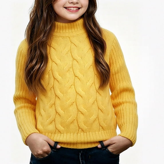 Afuyipoi Girls Cable Knit Mock Neck Pullover Sweater for Kids Size 1-10Y Fall Winter Everyday Wear Yellow Size 2T