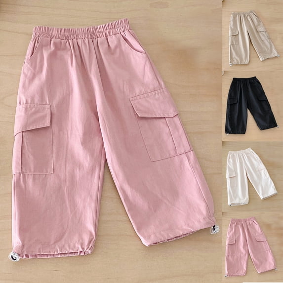 Afuyipoi Girls Cargo Sweatpants Size 1-8 Elastic Waist Solid Color 100% Cotton Casual Long Pants For Kids Beige Size 2T