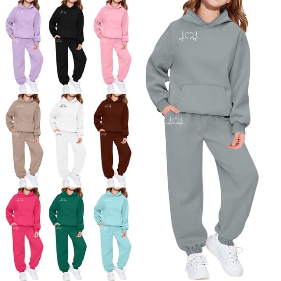 Afuyipoi Girls Casual Heart Graphic Fleece Lined Pullover Hoodie and Active Tracksuit Pants Set 2-13Y Light Blue Size 3T