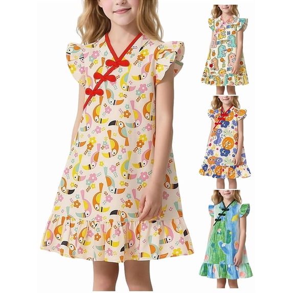 Afuyipoi Girls Cheongsam Dress Size 2-8Y Ethnic Style Mandarin Collar Princess Dress for Kids Holiday Party Green Size 3T