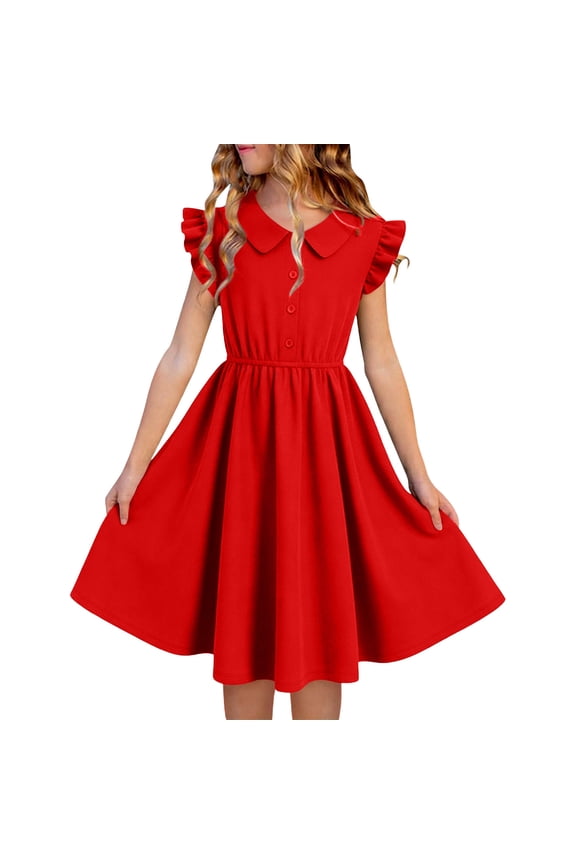 Girls Chiffon A-line Dress,Ruffle Trim Lightweight Polo Collar Academic Style Dresses Red 12-13