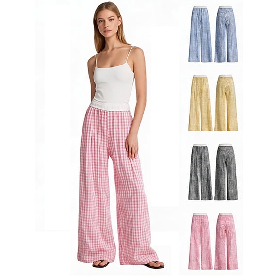 Afuyipoi Girls Cotton Casual Pants Size 1-13 Grid Elastic Waist Wide Leg Sports Trousers for Kids Everyday Play Home Outdoor School Pink Size 11