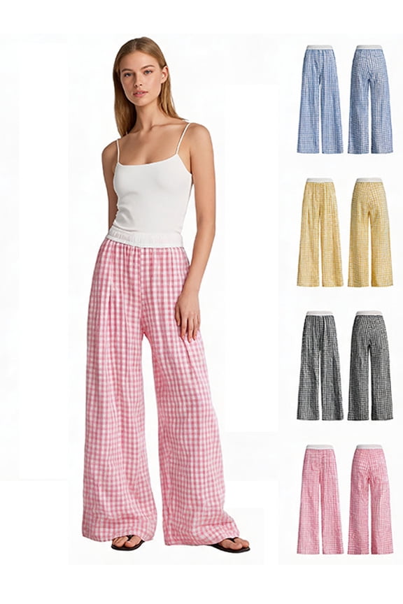 Girls Cotton Casual Pants Size 1-13 Grid Elastic Waist Wide Leg Sports Trousers for Kids Everyday Play Home Outdoor School Pink Size 5