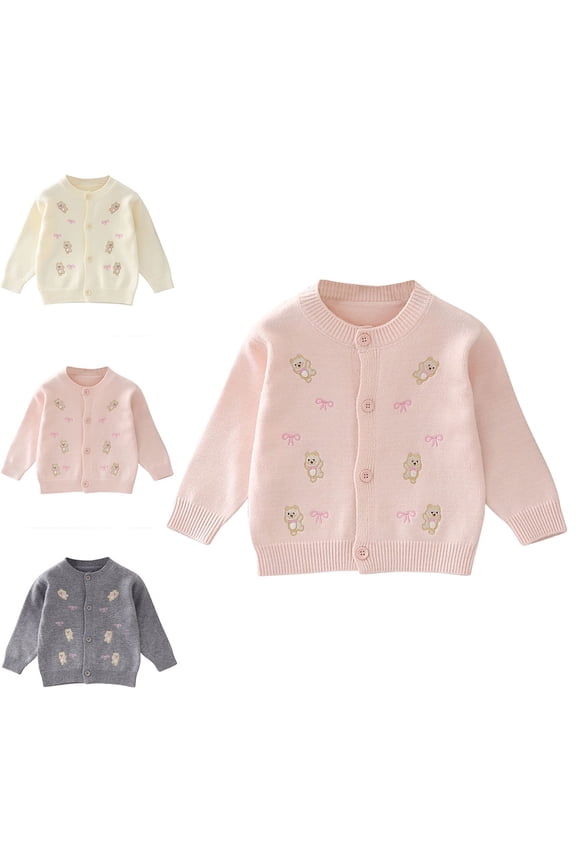Girls Cute Bear Knit Cardigan Size 2-8Y Long Sleeve Round Neck Sweater for Kids Daily Casual Pink Size 2T