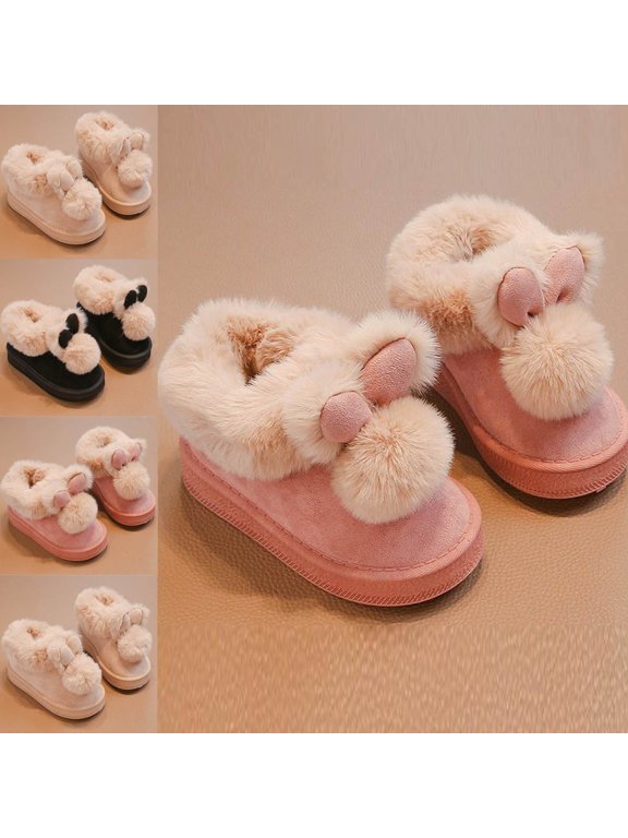 Girls' Cute Bunny Ears Winter Snow Boots Thick Sole Warm Plush Fleece Lined Boots for Kids Size 9.5 Little Kid - 2.5 Big Kid Beige Size 2.5 Big Kids