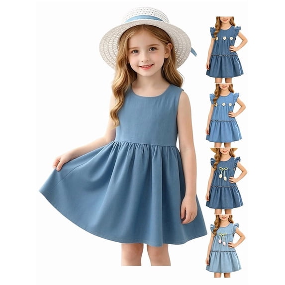 Afuyipoi Girls Denim Dress Size 6M-4T Ruffle Sleeve Floral Embroidery Cowboy Sundress for Toddler Daily Wear Light Blue Size 12M