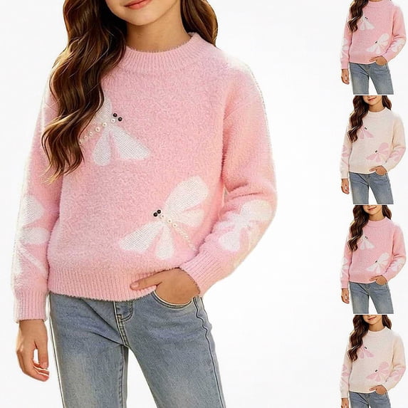 Afuyipoi Girls Dragonfly Print Long Sleeve Pullover Sweater for Kids Size 3-12Y Fall Winter Playwear Pink Size 5T