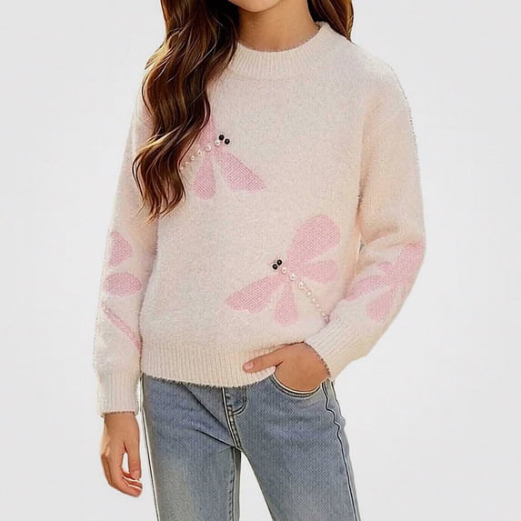 Afuyipoi Girls Dragonfly Print Long Sleeve Pullover Sweater for Kids Size 3-12Y Fall Winter Playwear White Size 11