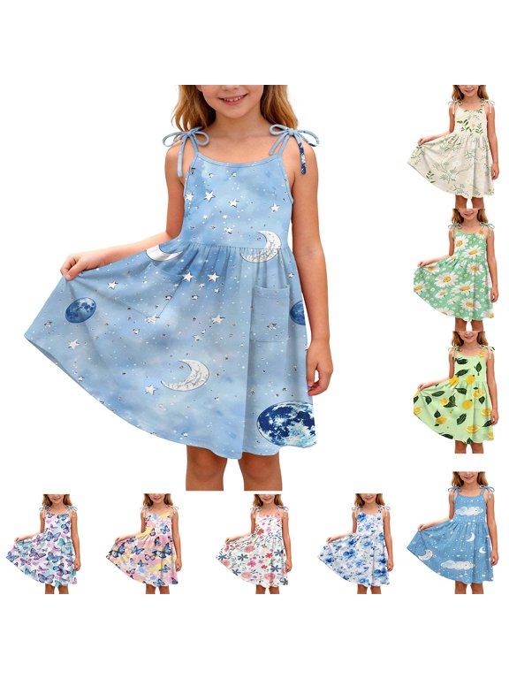 Girls Dress Size 2-12Y Cloud Print Spaghetti Strap Tiered Sundress with Pockets for Kids Summer Daily Wear Blue Size 9