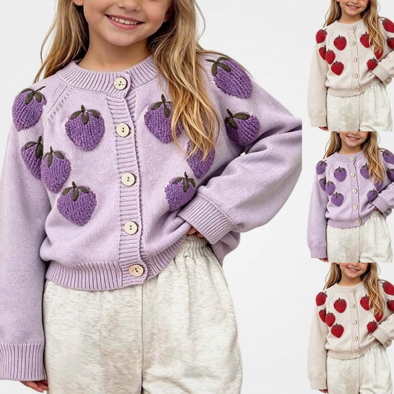 Afuyipoi Girls Embroidered Long Sleeve Cardigan 100% Acrylic Button Front Knit Sweater for Kids Size 1-9Y Casual School Layering Purple Size 2T