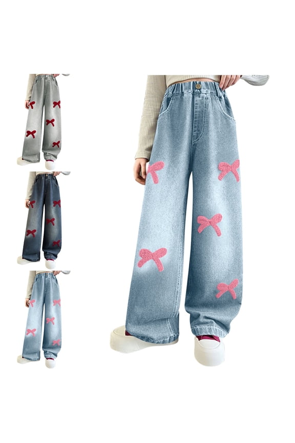 Girls Embroidered Wide Leg Denim Pants Floor Length High Waisted Jeans for Kids Size 5-15 Years Pink Size 5