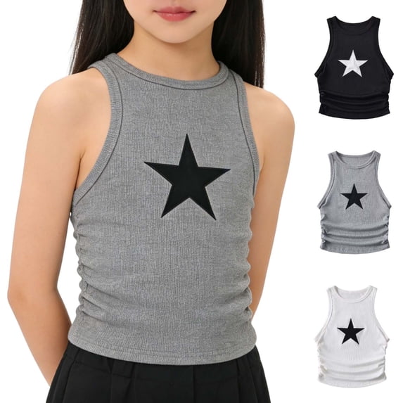 Afuyipoi Girls Fashion Crop Tank Top (2-14 Years) Trendy Star Patchwork Ribbed Knit Sleeveless Shirt for Street Dance and Casual Play White 5/6