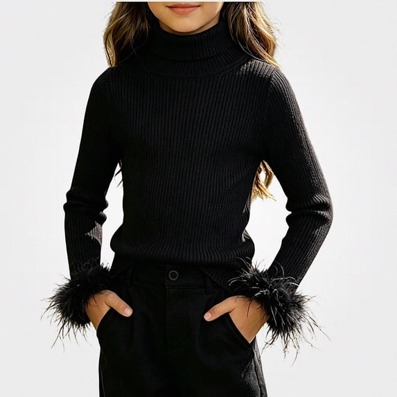 Afuyipoi Girls Feather Cuff Ribbed Turtleneck Pullover Sweater 100% Cotton for Kids Size 0-12Y Holiday Style Black Size 3T