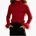 thumbnail image 1 of Afuyipoi Girls Feather Cuff Ribbed Turtleneck Pullover Sweater 100% Cotton for Kids Size 0-12Y Holiday Style Red Size 6, 1 of 2