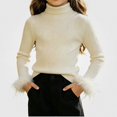 thumbnail image 1 of Afuyipoi Girls Feather Cuff Ribbed Turtleneck Pullover Sweater 100% Cotton for Kids Size 0-12Y Holiday Style White Size 6M, 1 of 6