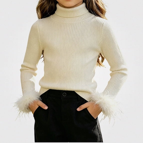 Afuyipoi Girls Feather Cuff Ribbed Turtleneck Pullover Sweater 100% Cotton for Kids Size 0-12Y Holiday Style White Size 6M