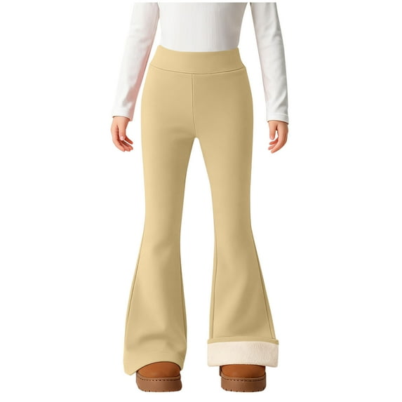 Afuyipoi Girls' Fleece-Lined Leggings, Yoga Pants for Winter Warm Stretchy Lounge Bottoms Flared Leggings Beige 10-11Years