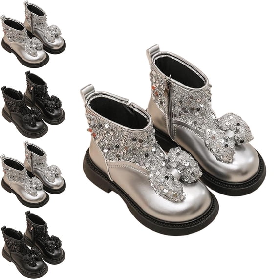 Afuyipoi Girls' Glitter Bowknot Dress Boots Faux Leather British Style Performance Short Boots Size 9.5 Little Kid - 2 Big Kid Silver Size 11 Little Kids